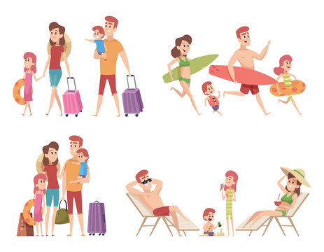 Summer characters. Family couple travellers with kids going to vacation at beach sea or ocean tropical nature vector cartoon set. Family travel and vacation, cartoon character relax illustration