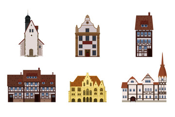 Fototapeta premium Set of old buildings houses, facades, Europe, medieval traditions