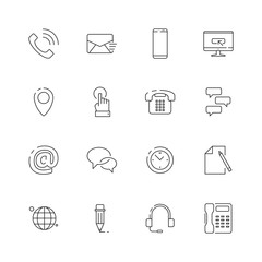 Fototapeta premium Contact us icon. Internet website business symbols for contact or support page telephone envelope map vector thin line pictures. Mail and phone, location web and email illustration