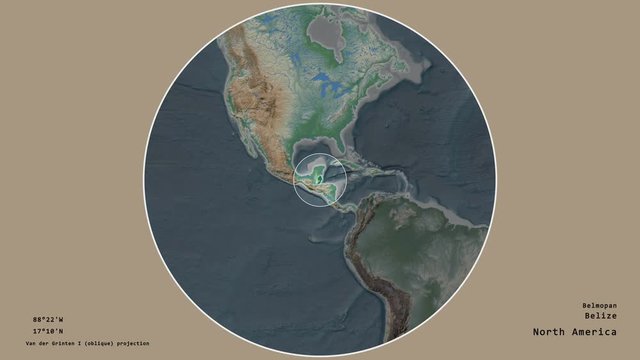 Belize and its capital circled and zoomed on the global physical map in the van der Grinten I projection with animated oblique transformation. Animation 3D