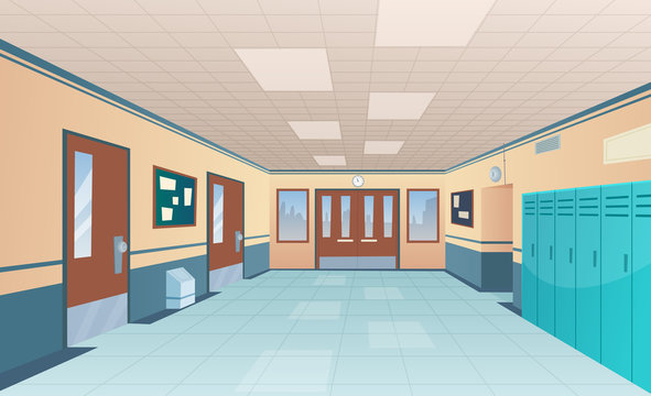 School corridor. Bright college interior of big hallway with doors classroom with desks without kids vector cartoon picture. Interior of corridor hallway, floor and entrance highschool illustration
