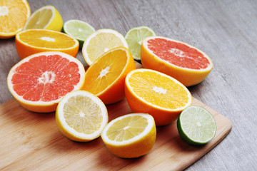 Mix of citrus fruits cut in different forms