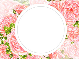 Floral frame with roses with space for text on white background. Watercolor and marker art. Romantic invitation. Wedding, marriage, bridal, birthday, Valentine's day.