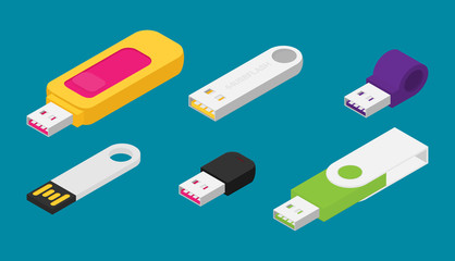 Isometric usb flash set vector icon for web design isolated on background