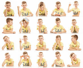 Set of emotional pictures of a teenager boy  in a yellow T-shirt, collage. Close-up, white background.