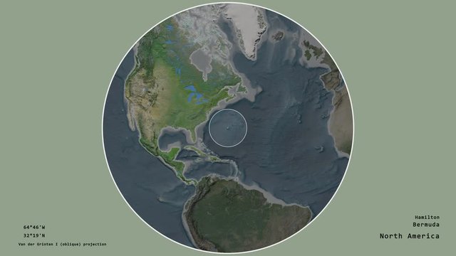 Bermuda and its capital circled and zoomed on the global satellite map in the van der Grinten I projection with animated oblique transformation. Animation 3D