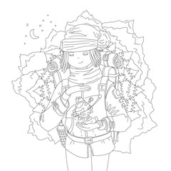 Fototapeta na wymiar Cute hand draw coloring page with wanderer girl with backpack, dreaming about mountain travel, holding the Earth between hands. Girl, ready for magic travel, vector outline illustration, coloring page