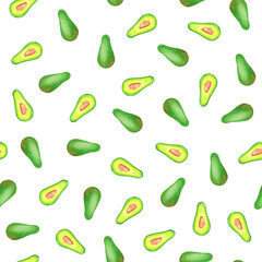 Watercolor seamless pattern of  fresh avocado on white background. Seamless pattern for printing on paper, textile, fabric.