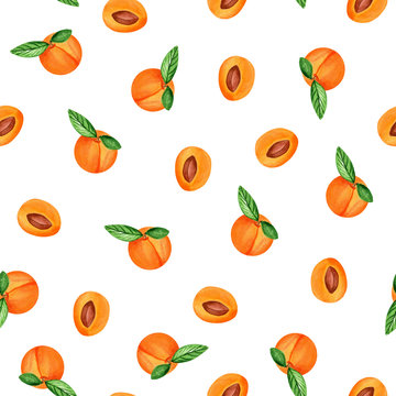 Watercolor seamless pattern of  fresh peaches on white background. Seamless pattern for printing on paper, textile, fabric.