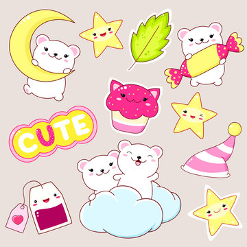 Set of cute polar bears stickers in kawaii style