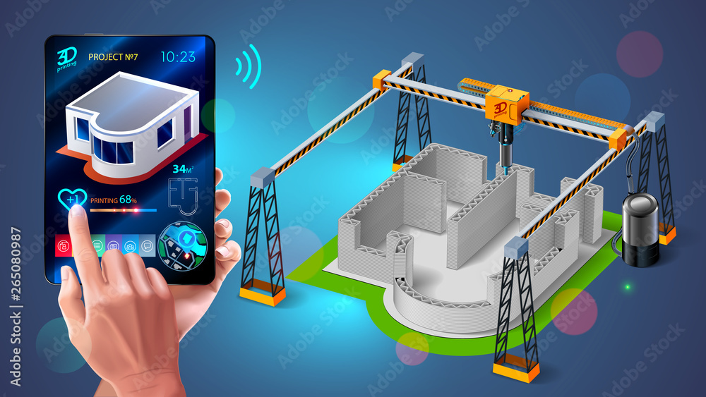 Poster 3d printer prints walls of building, house with cement mortar. Innovative additive building technology on construction site. Engineer monitors 3d printing process of 3d model of home on digital tablet