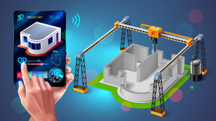 3d printer prints walls of building, house with cement mortar. Innovative additive building technology on construction site. Engineer monitors 3d printing process of 3d model of home on digital tablet