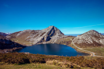 Fototapeta premium Peaks of Europe (Picos de Europa) National Park. A glacial lake Enol. Asturias, Spain, Europe