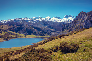 Naklejka na ściany i meble Peaks of Europe (Picos de Europa) National Park. A glacial Lake Ercina. Asturias, Spain, Europe