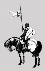 Medieval mounted knight illustration. Templar knight on horseback. Black and white silhouette.