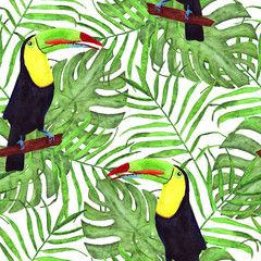 Seamless watercolor illustration of toucan bird.Tropical leaves, dense jungle. Pattern with tropic summertime motif. palm leaves. monstera leaves