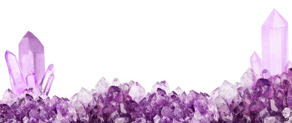 isolated small and large amethyst crystals strip