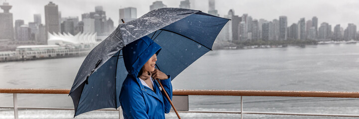 Rain storm raindy day woman walking with umbrella and raincoat watching city skyline banner...