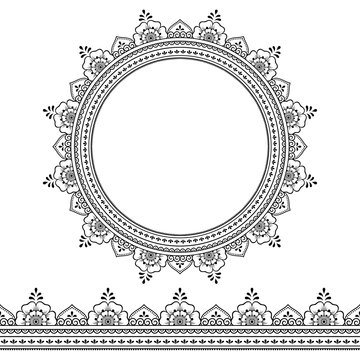 Set of seamless borders and circular ornament in form of frame for design, application of henna, Mehndi, tattoo and print. Decorative pattern in ethnic oriental style.