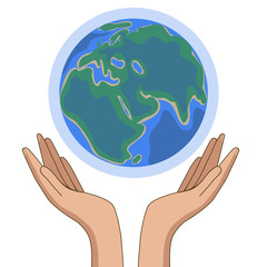 Flat paper cut style icon of two hands holding Earth. Vector illustration