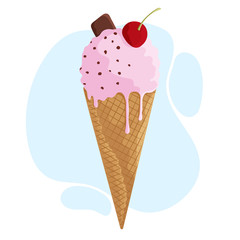 Vector illustration with delicious Ice Cream. Cherry and chocolate. Waffle cone.