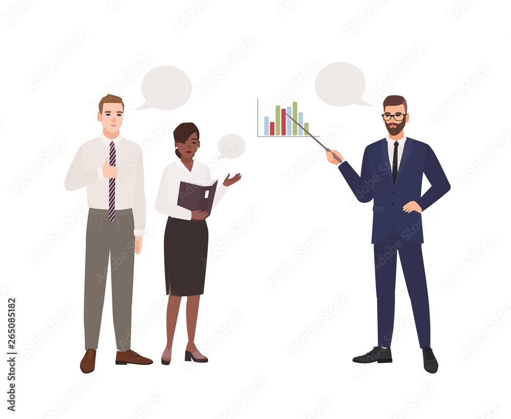 Poster bearded man in office suit making presentation in front of colleagues. business meeting. managers ta
