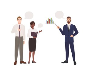 Bearded man in office suit making presentation in front of colleagues. Business meeting. Managers taking part in professional discussion, conversation or dialog. Flat cartoon vector illustration.