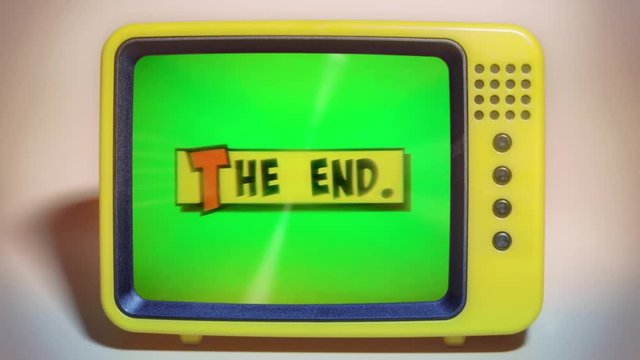 A transmission viewed on a fancy TV screen: a comic strip yellow box appearing, the text The End popping up in red and black, cartoon-style.