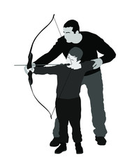 Archer vector illustration isolated on white background. Hunter in hunting. Dad teaches his son to hold bow and arrow. Fathers day, spending time with boy, wakes hunting instinct. Parenting, family.