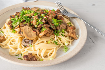 Spaghetti with homemade sausage and mushroom stew on a plate - traditional Italian pasta with Boscaiola mushroom sauce.