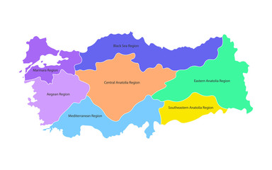 Colorful vector isolated simplified map of Turkey regions. Borders and names of administrative divisions.