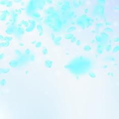 Turquoise flower petals falling down. Eminent roma