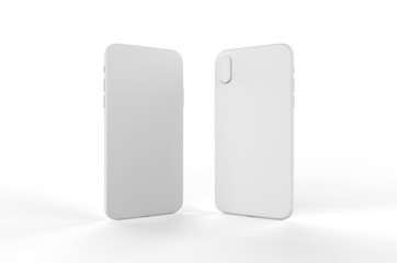 smartphone mock up front and back side facing each other. Blank screen for your design. Isolated on white background. 3D illustration