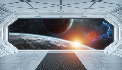 White blue spaceship futuristic interior with window view on space and planets 3d rendering © sdecoret