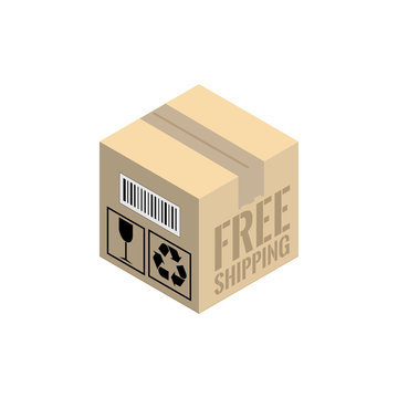 Cardboard corrugated box. Free shipping icon for online store. Isometric vector illustration isolated on white background.