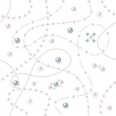 Seamless pearl pattern. Cream colored string and blue beads on white background. Vector illustration.