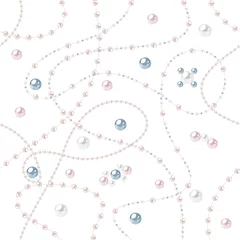 Gordijnen Naadloos parelpatroon. Crèmekleurige string en blauwe kralen op een witte achtergrond. Vector illustratie. © olly2polly