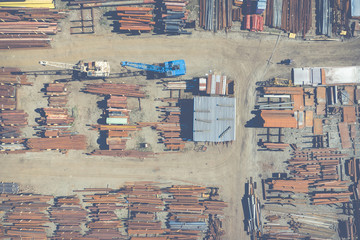 Aerial top view of steel stogare industrial place. Photo made by drone from above.