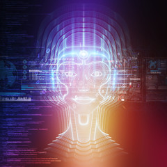 Robot cyborg head artificial intelligence learning 3D rendering