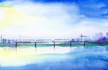 Watercolor illustration of a railway bridge over a river on a background of skyscrapers. In the background, chimneys and construction cranes