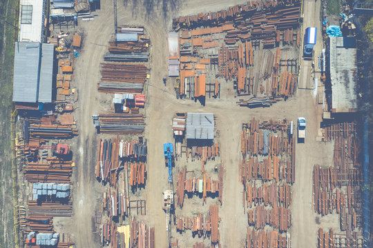 Aerial top view of steel stogare industrial place. Photo made by drone from above.