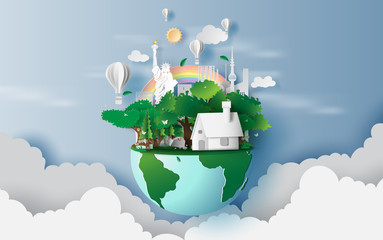 illustration of houses in green forest,Creative design world environment and earth day concept idea.landscape city life in green nature plant by area New York City.paper cut and craft.balloon.vector