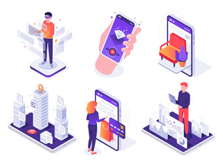 Isometric augmented reality smartphone. Mobile AR platform, virtual game and smartphones 3d navigation vector concept illustration set