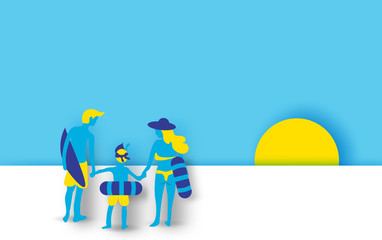 Rear view Young family and son having fun at the beach is going to swimming.People diving in rubber ring walking.Modern colorful pastel vector. illustration paper cut and craft in flat cartoon style.