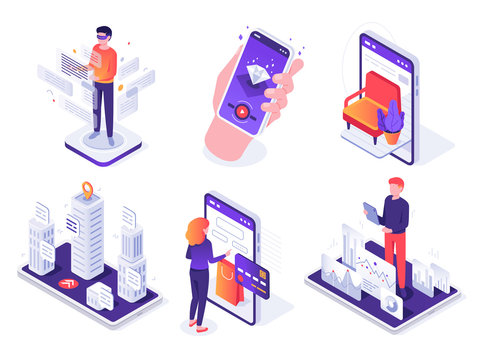 Isometric Augmented Reality Smartphone. Mobile AR Platform, Virtual Game And Smartphones 3d Navigation Vector Concept Illustration Set