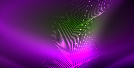 Fototapeta na wymiar Glowing abstract wave on dark, shiny motion, magic space light. Techno abstract background
