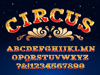 Vintage circus font. Victorian carnival headline signage. Typeface steampunk alphabet sign vector illustration © Tartila