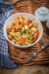 Fried chicken pieces with vegetables.