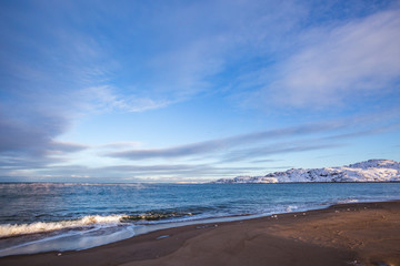 Barents Sea shore. Kola Peninsula winter landscape