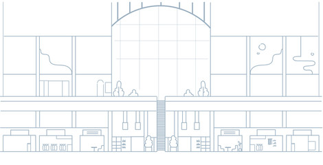 modern shopping mall interior big supermarket with many boutiques retail store design sketch doodle horizontal